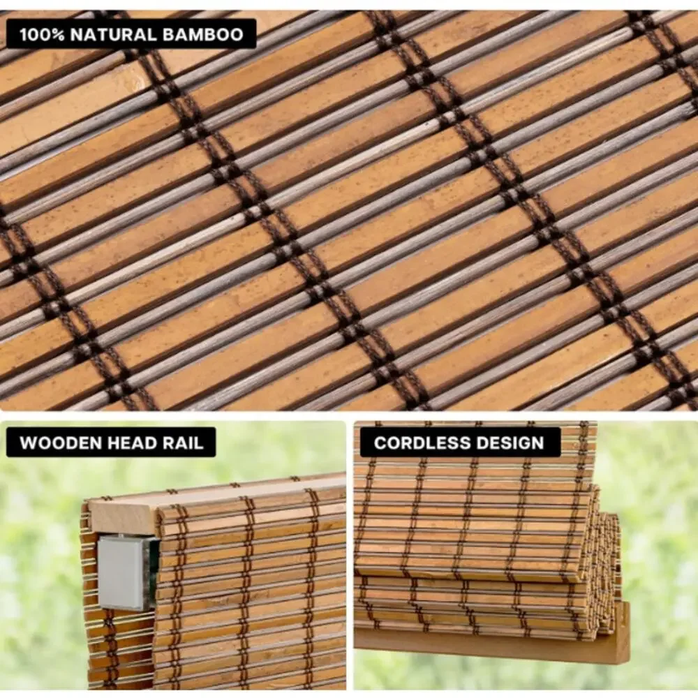 LazBlinds No-Drill Cordless Roman Shade - Light Filtering Natural Wood